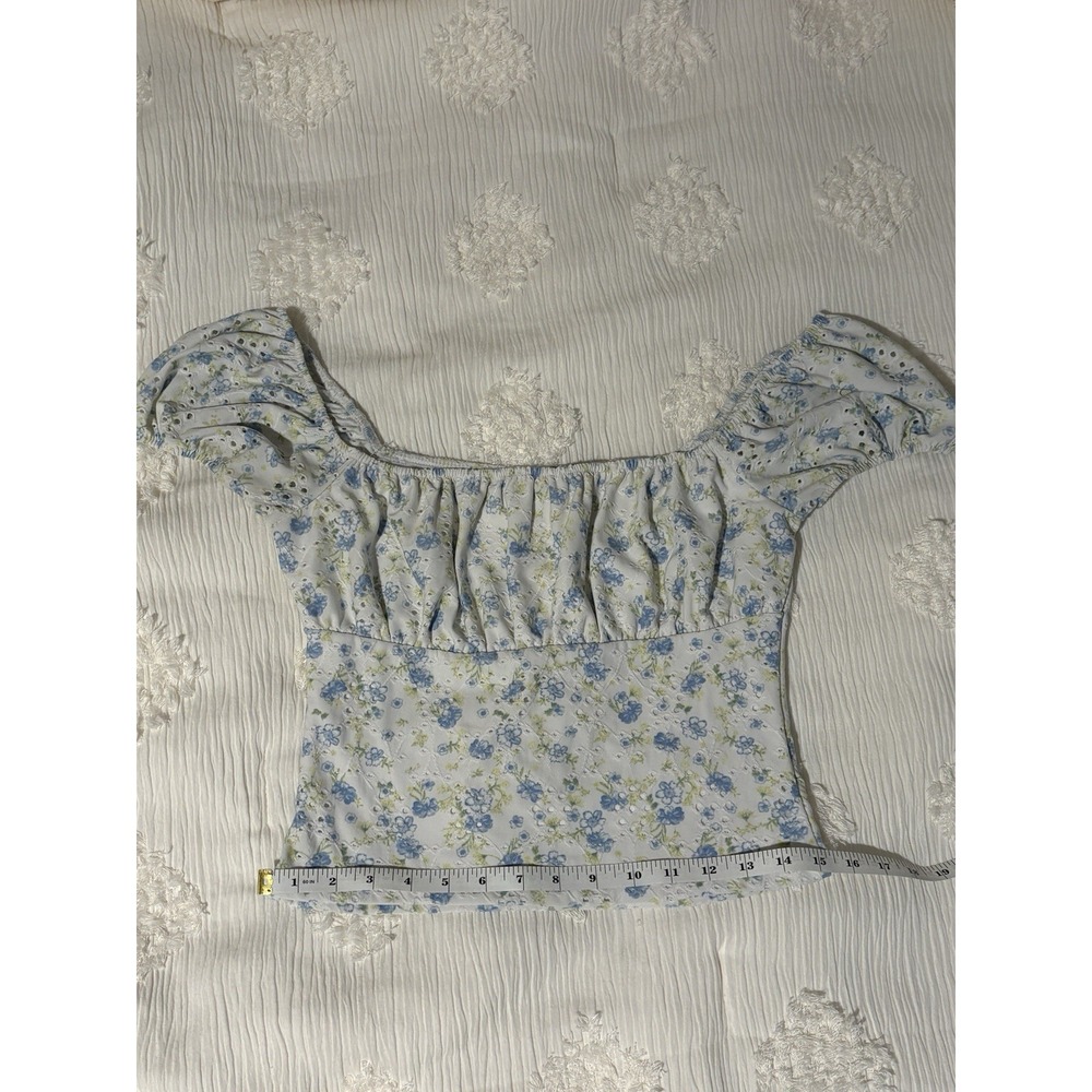 Blue Floral Eyelet Milkmaid Top‎ Cottagecore Puff Sleeve Ruched Bust Couquette